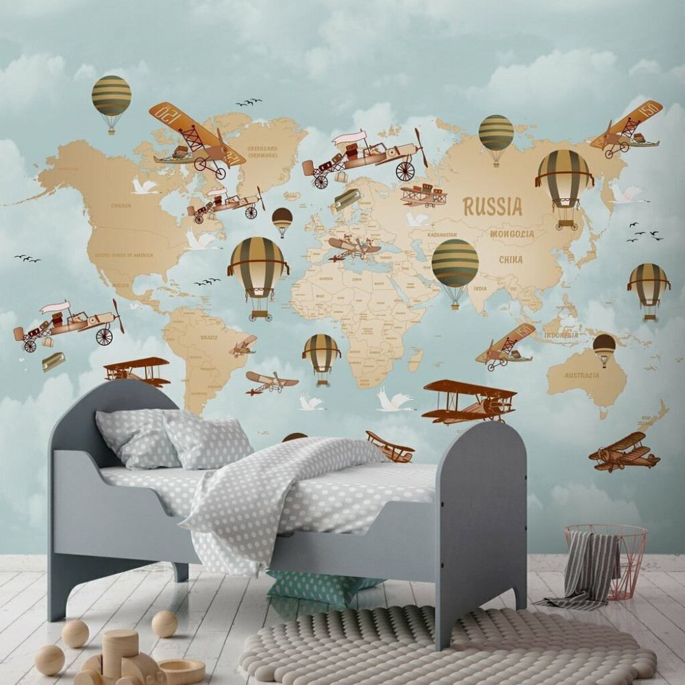 Papel De Parede Personalizado Mapa Mundi Com Balões E Aviões
