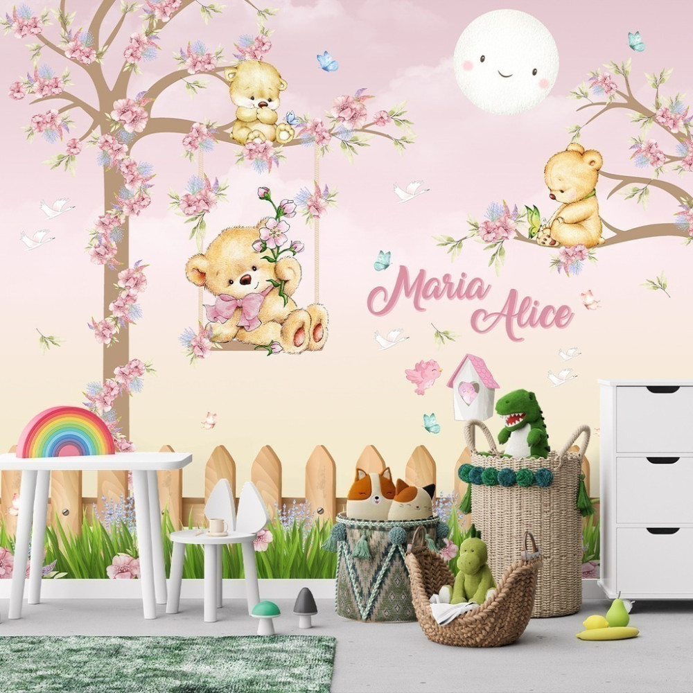 Papel de Parede Personalizado Ursinho no Balanço Floral