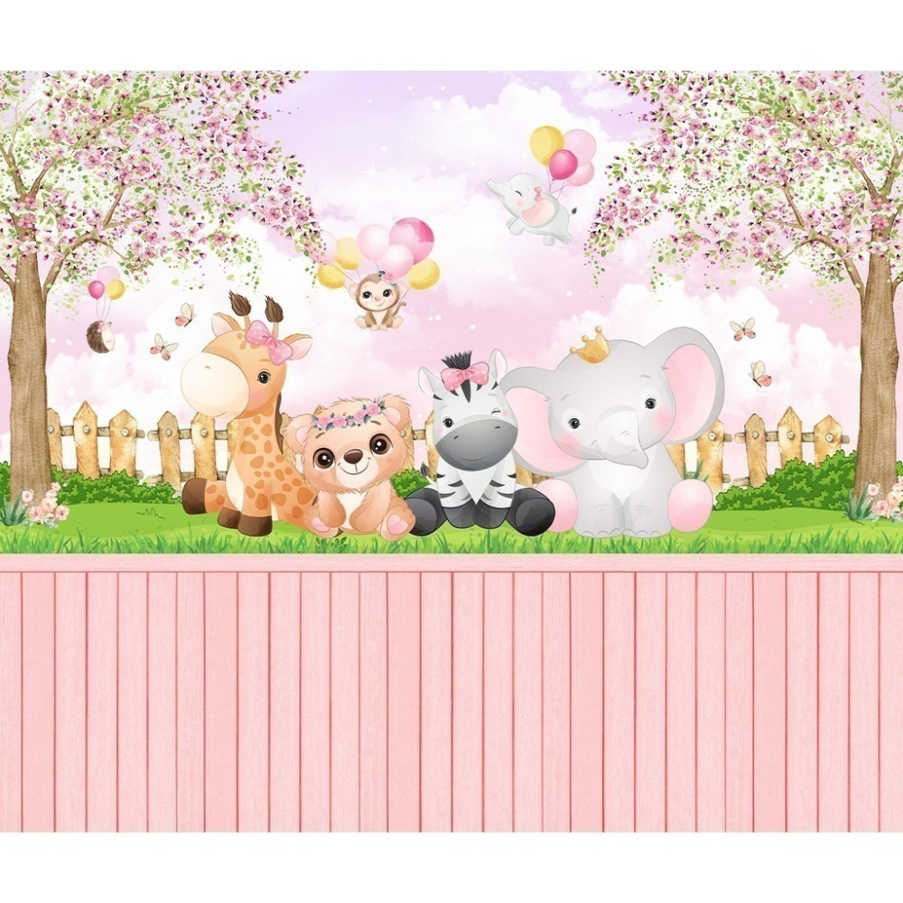 Papel de Parede Personalizado Animais Cute com Cercadinho Rosa