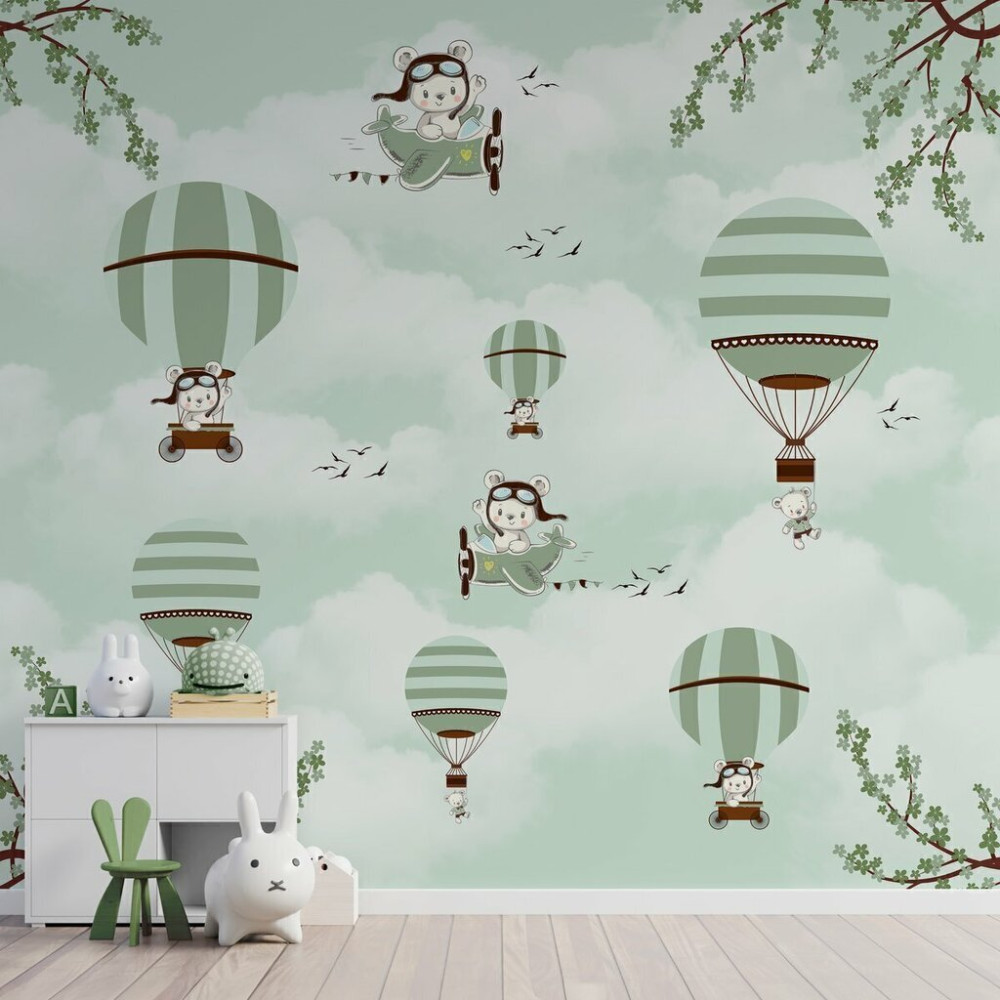 Papel de Parede Personalizado Ursinhos Aventureiros nos Balões