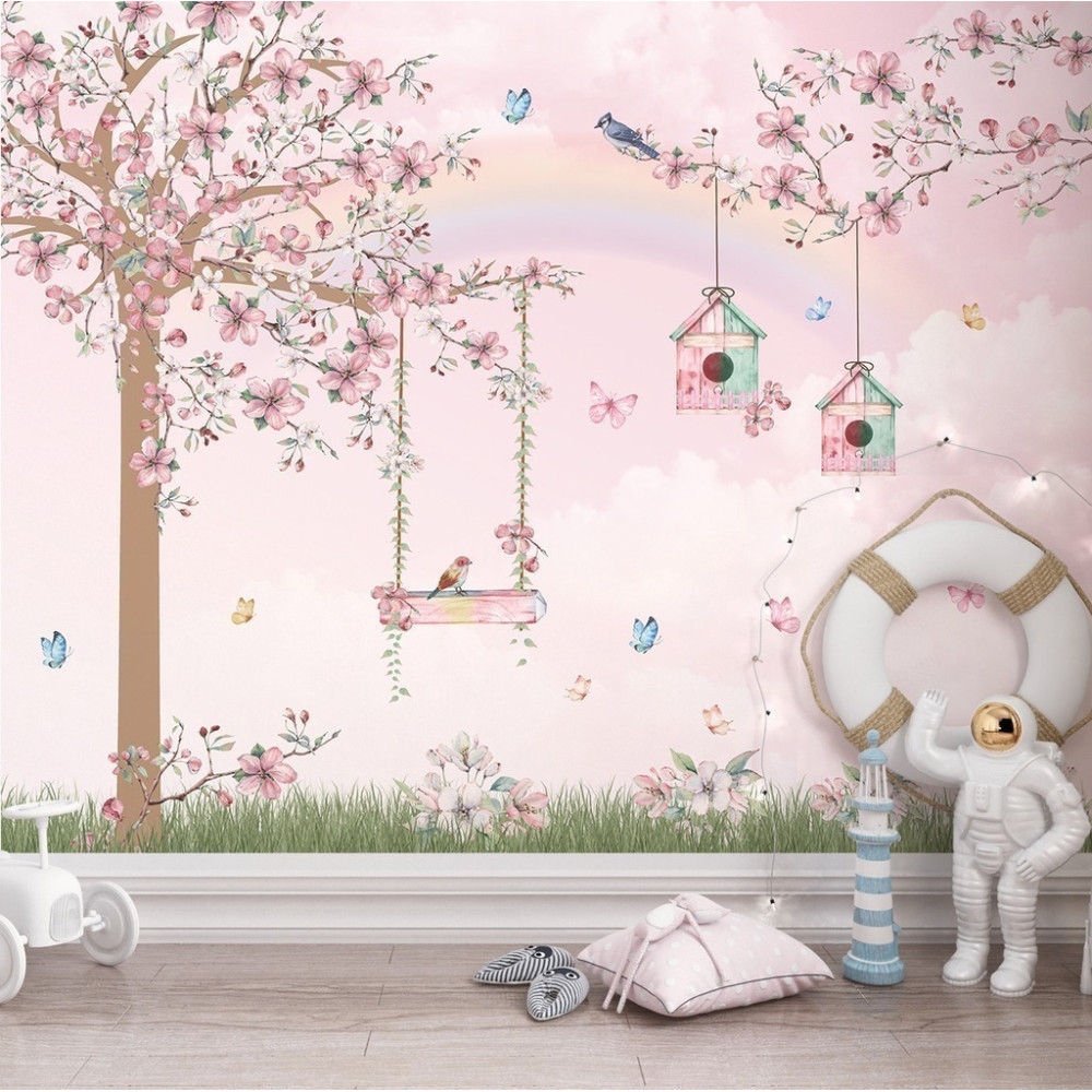 Papel de Parede Personalizado Encanto Floral Pássaros e Borboletas