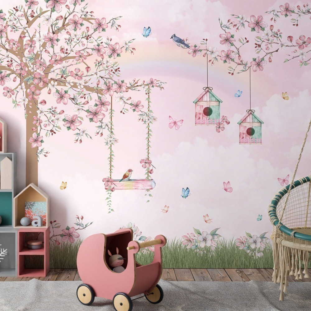 Papel de Parede Personalizado Encanto Floral Pássaros e Borboletas