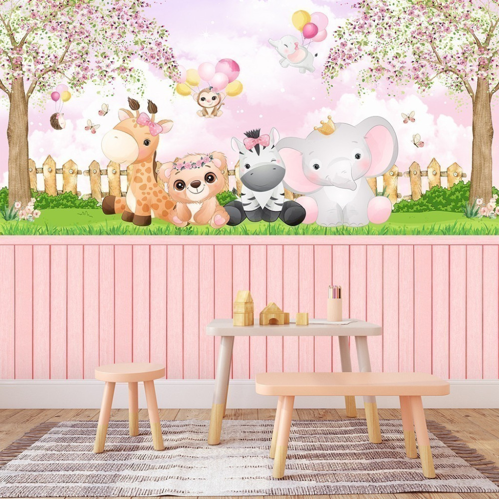 Papel de Parede Personalizado Animais Cute com Cercadinho Rosa