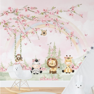 Papel de Parede Personalizado Arco Íris e Animais Babys