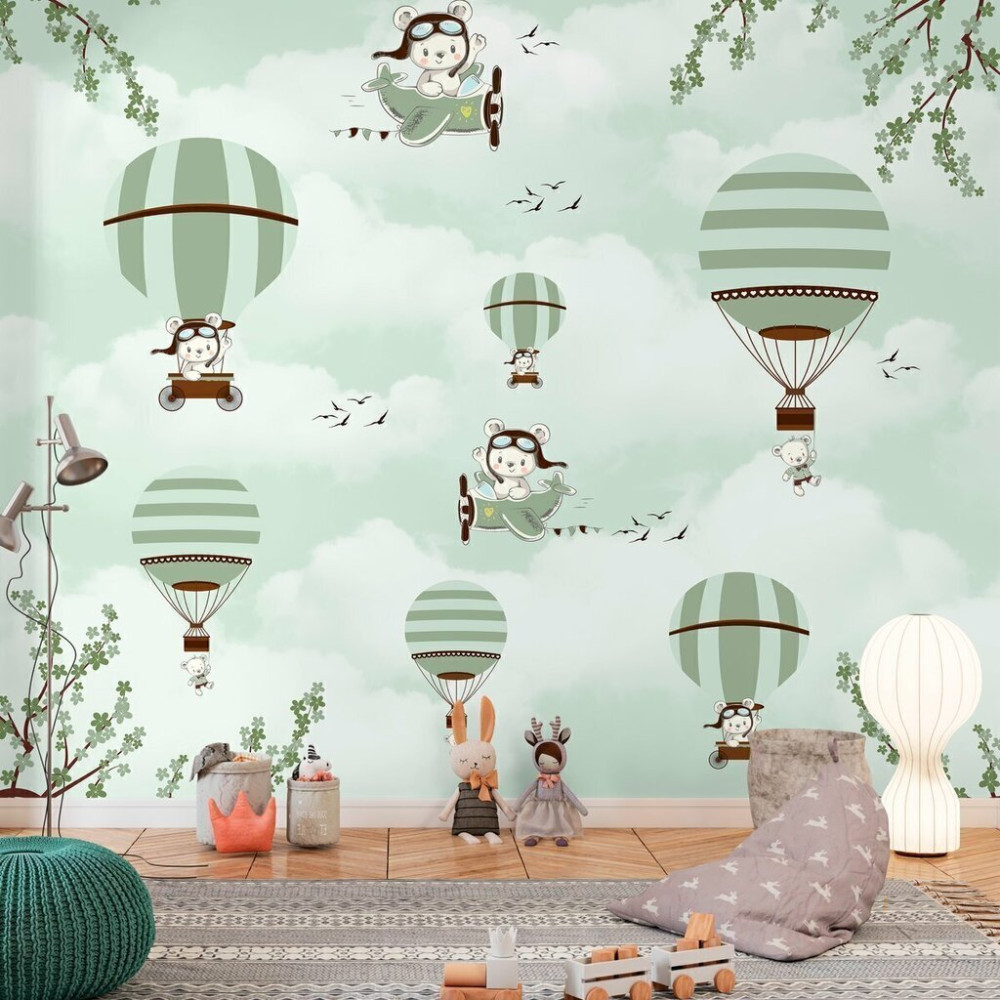Papel de Parede Personalizado Ursinhos Aventureiros nos Balões