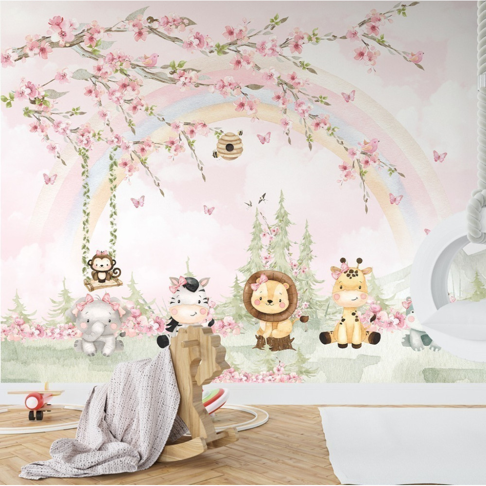 Papel de Parede Personalizado Arco Íris e Animais Babys