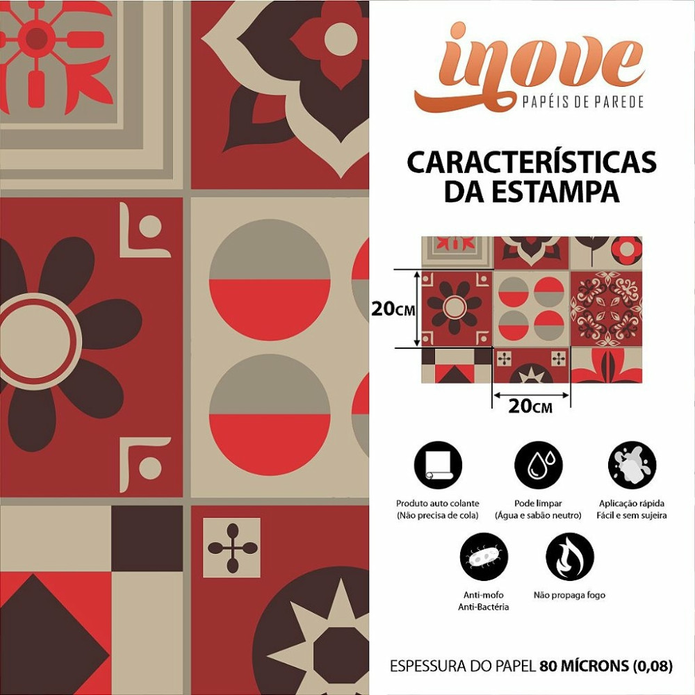 Adesivo de Azulejo Hidráulico em Tons de Bege e Vermelho
