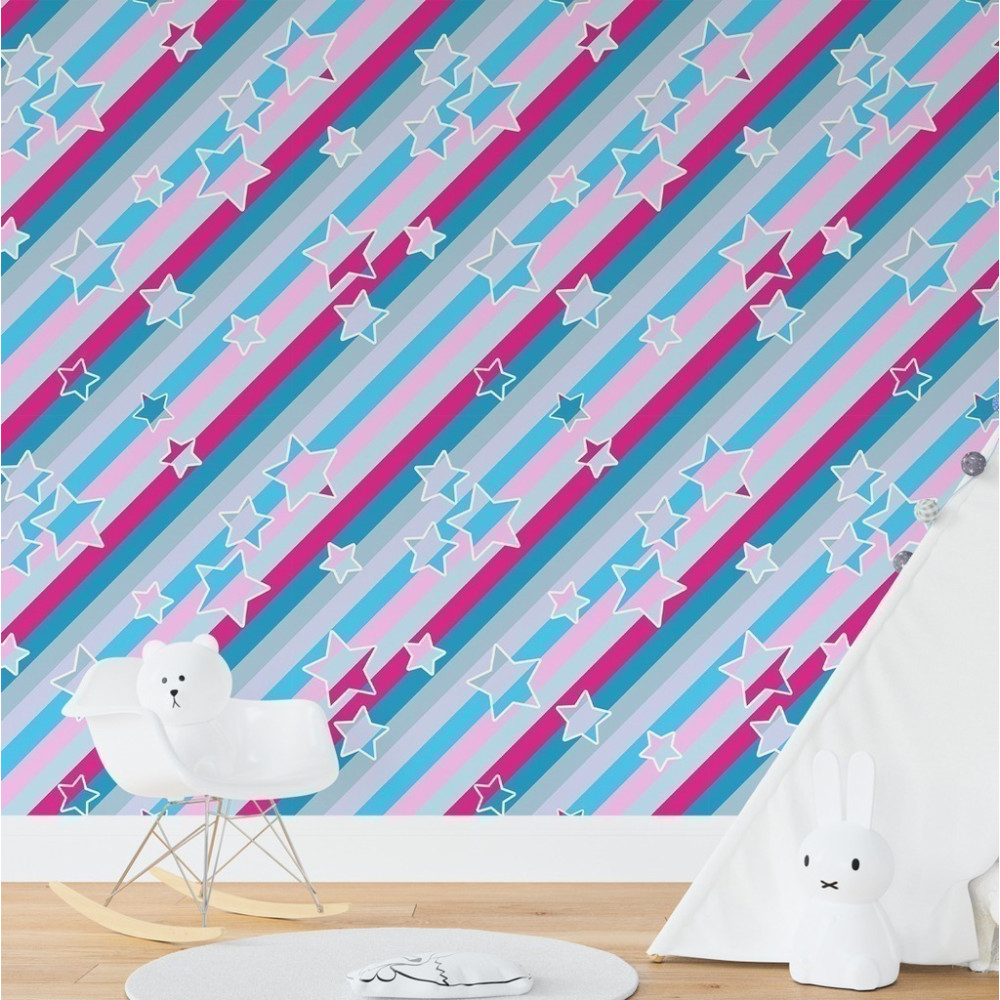 Papel De Parede Personalizado Barbie Estrelas com Listras Diagonais