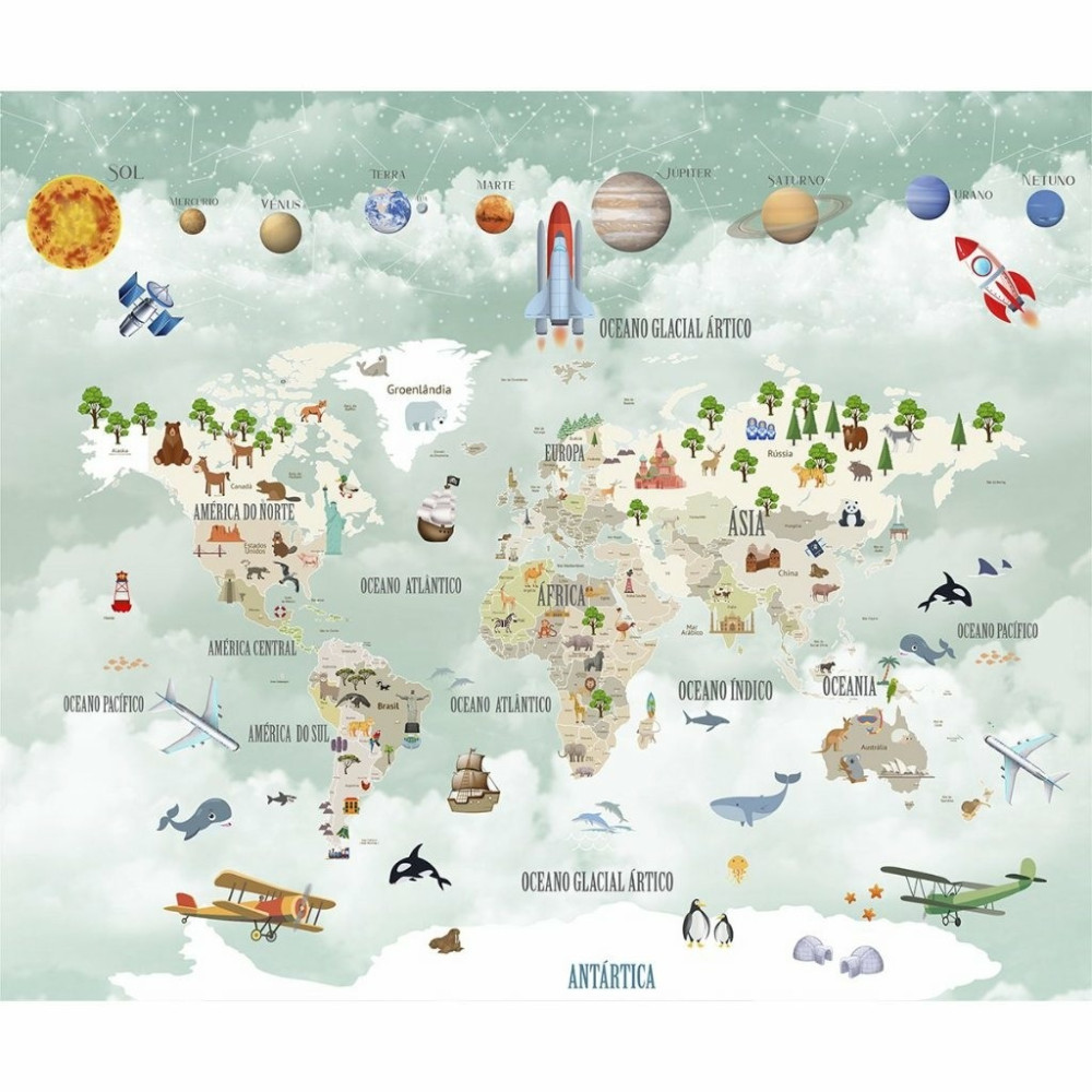 Papel De Parede Personalizado Mapa Mundi E Planetas