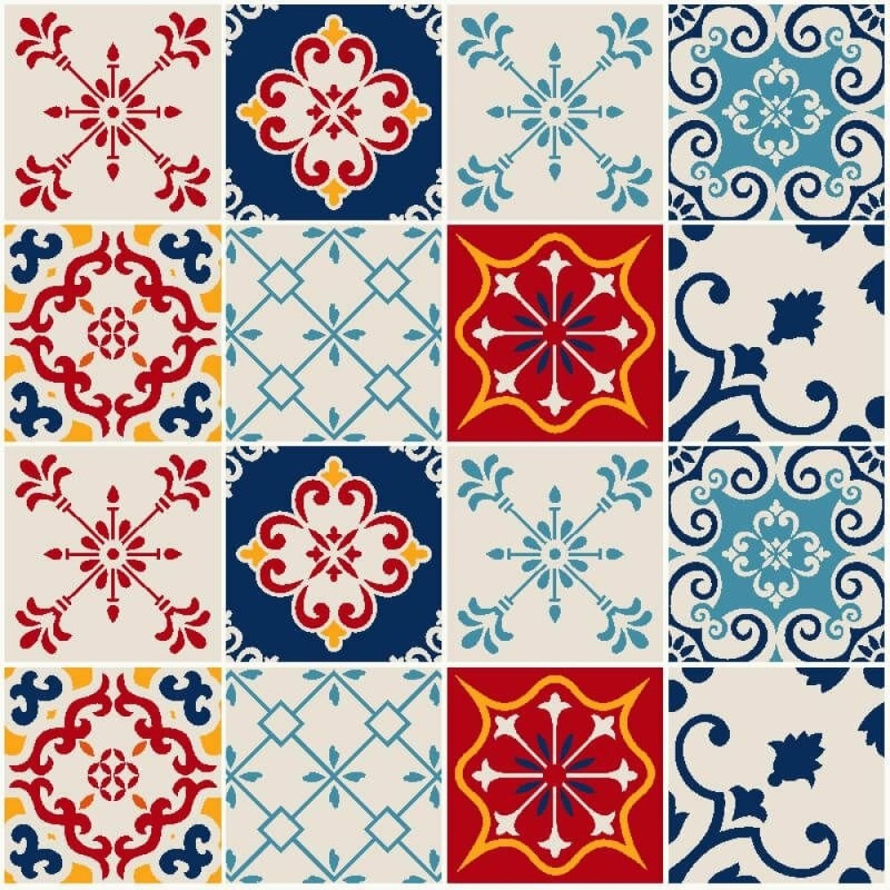 Kit Adesivo Azulejo em Tons de Bege, Amarelo, Azul e Vermelho