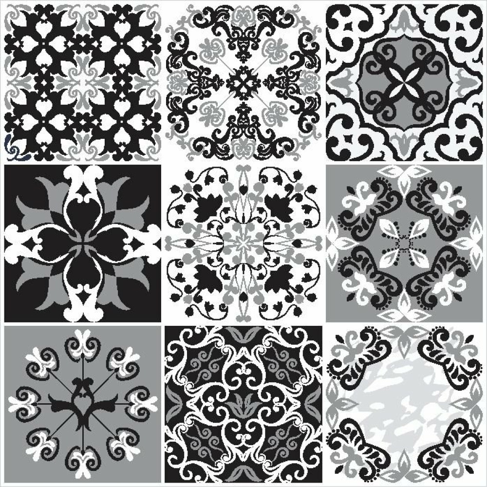 Adesivo de Azulejo Hidráulico Branco, Cinza e Preto