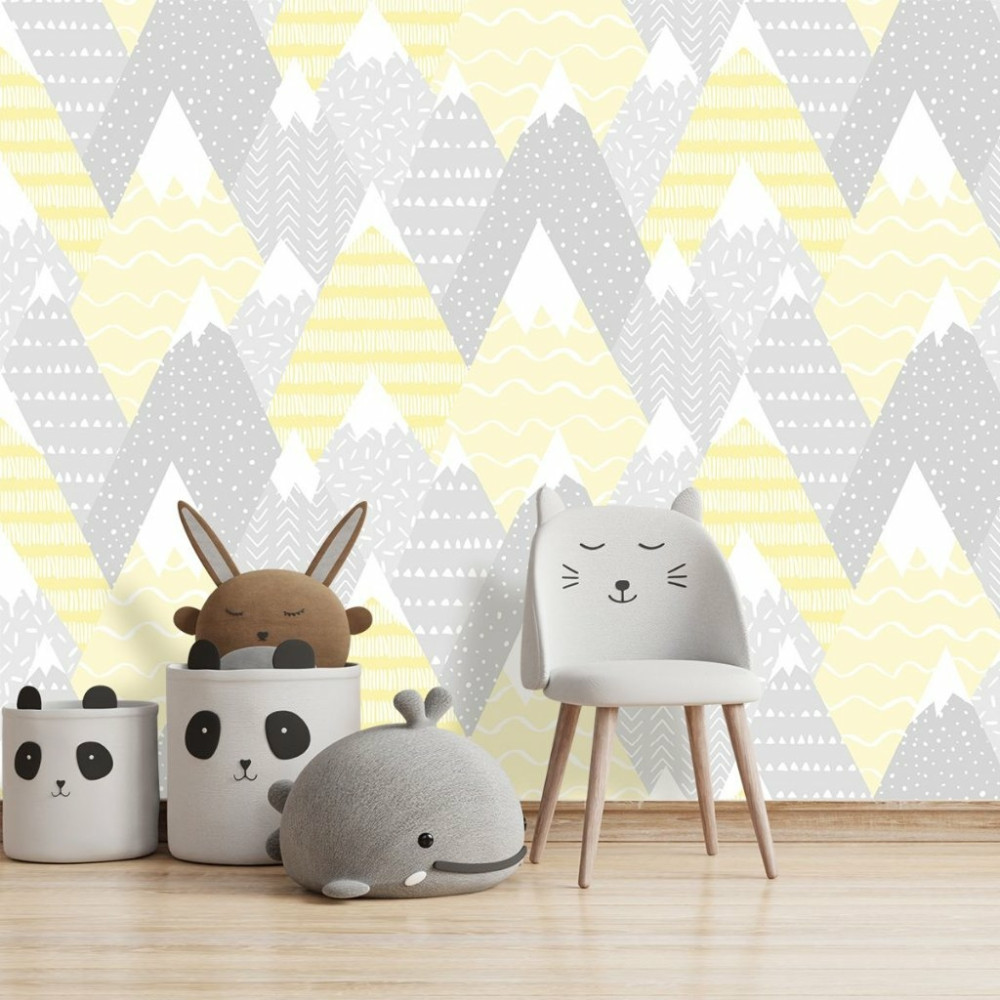 Papel de Parede Montanhas Baby Amarelo e Cinza