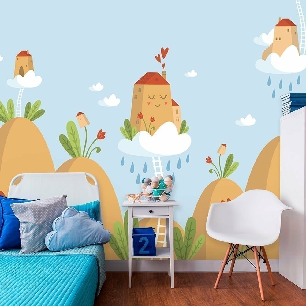 Papel de Parede Personalizado Casa nas Nuvens Azul Papel de Parede Personalizado Casa nas Nuvens Azul