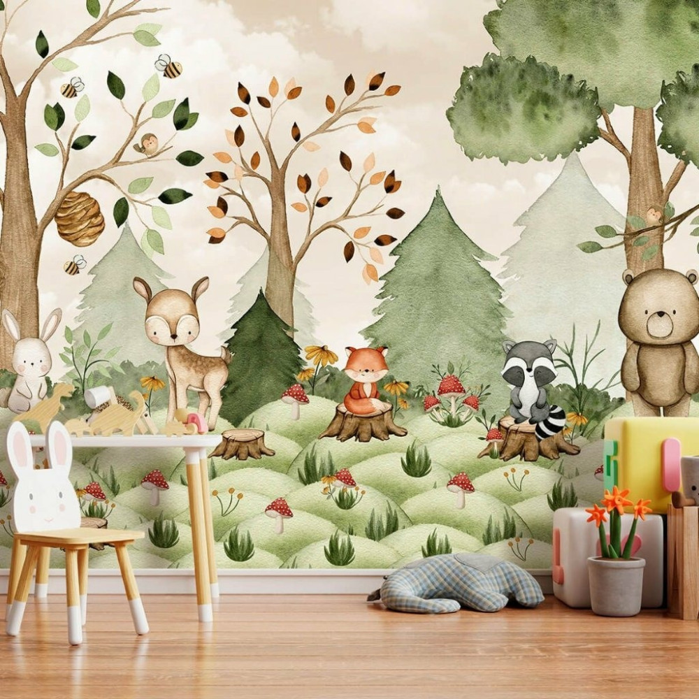 Papel De Parede Personalizado Bichinhos Na Floresta Aquarela