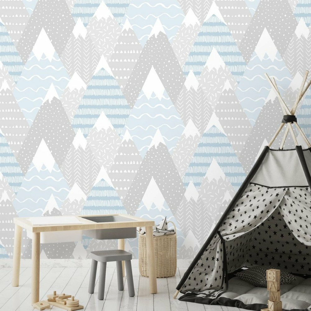 Papel de Parede Montanhas Baby Azul e Cinza