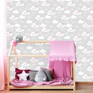 Papel de Parede Baby Nuvens Cute fundo Cinza