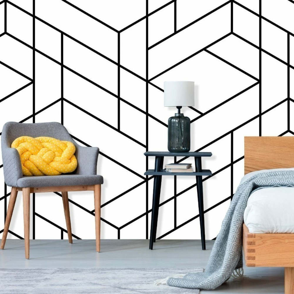 Papel de Parede Personalizado Geométrico Linhas Pretas