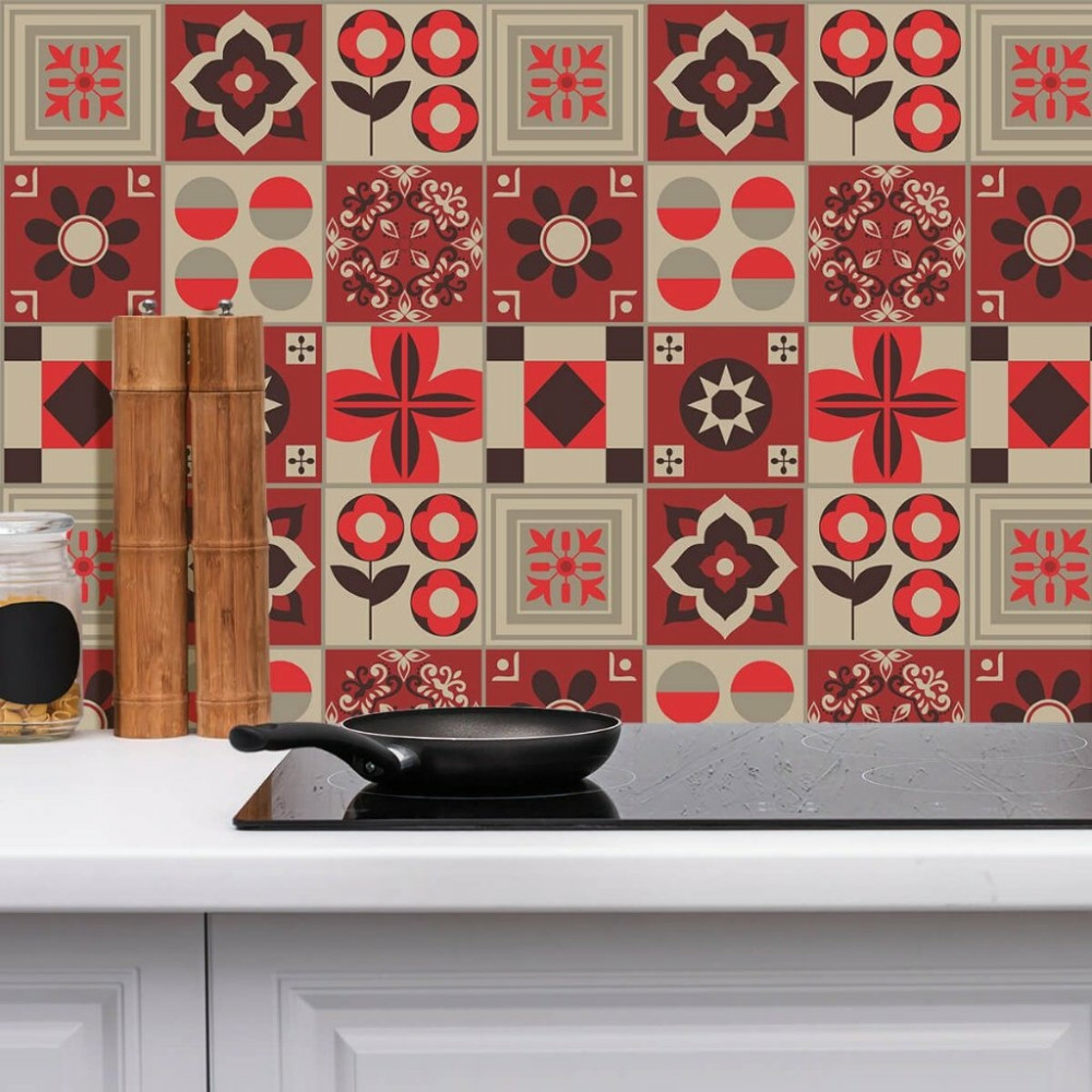 Adesivo de Azulejo Hidráulico em Tons de Bege e Vermelho