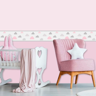 Faixa Decorativa Infantil Nuvens Cute Cinza e Rosa
