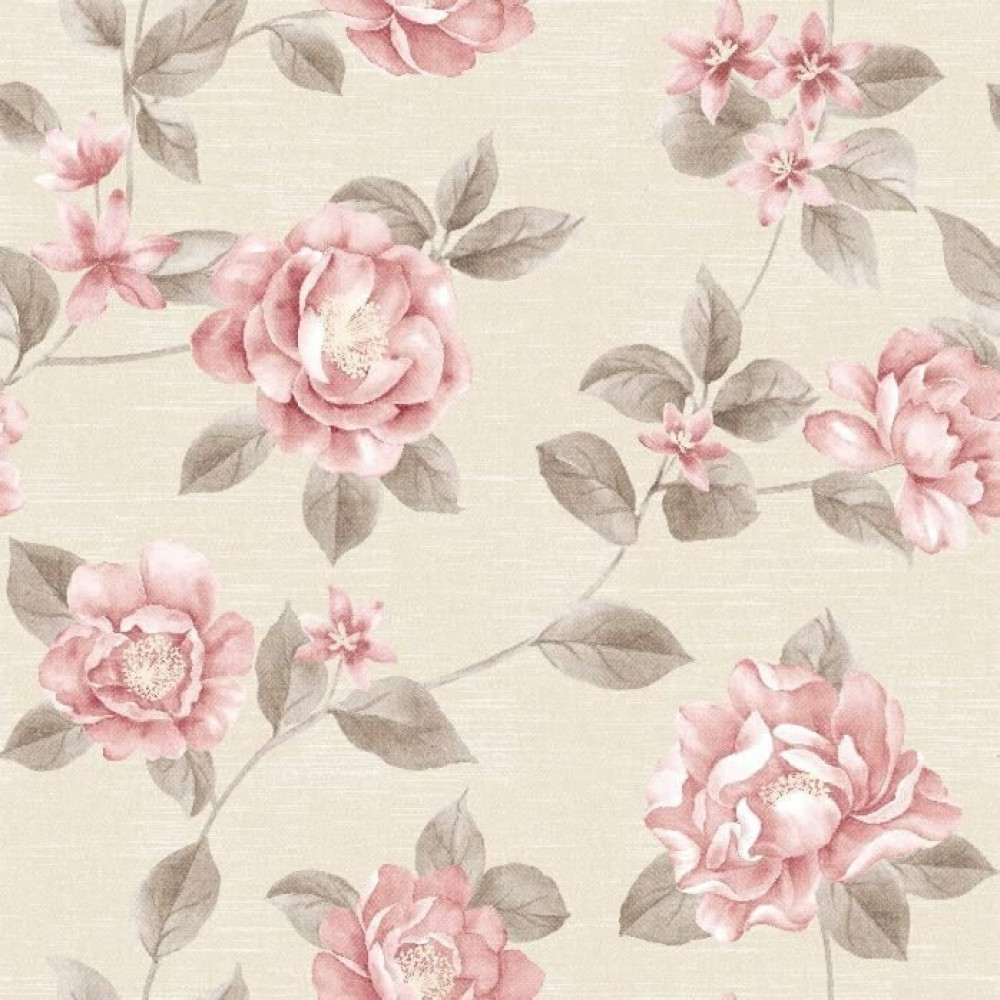 Papel de Parede Floral Rosa, Bege e Marrom