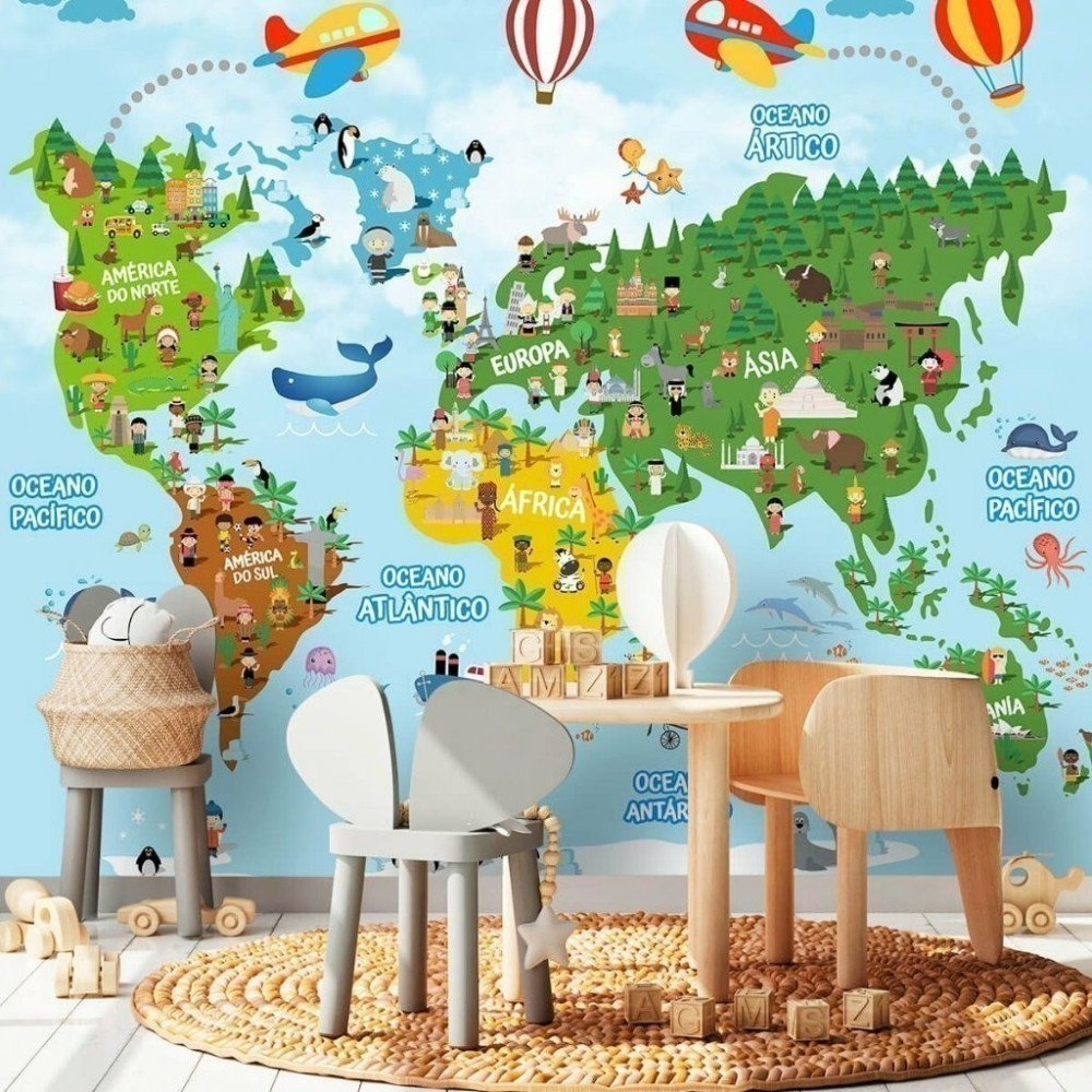 Papel De Parede Personalizado Mapa Mundi Divertido