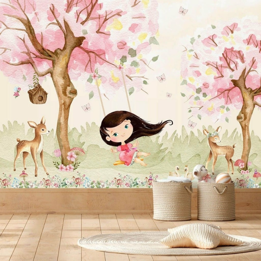 Papel De Parede Personalizado Menina No Balanço Aquarela