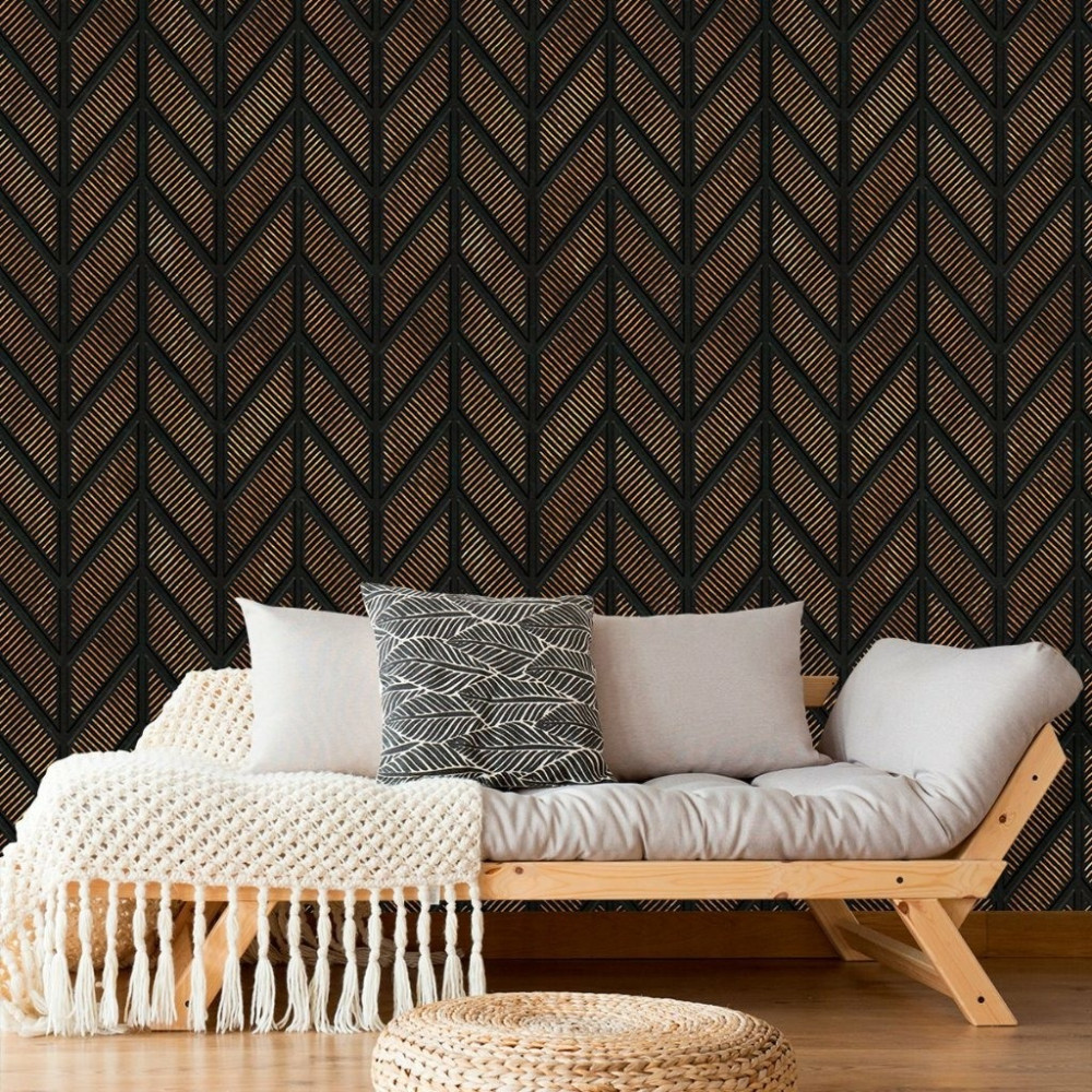 Papel de Parede Chevron 3D Preto e Bronze