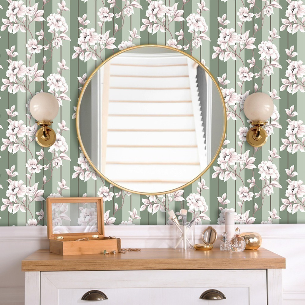 Papel de Parede Personalizado Listras Verdes com Rosas