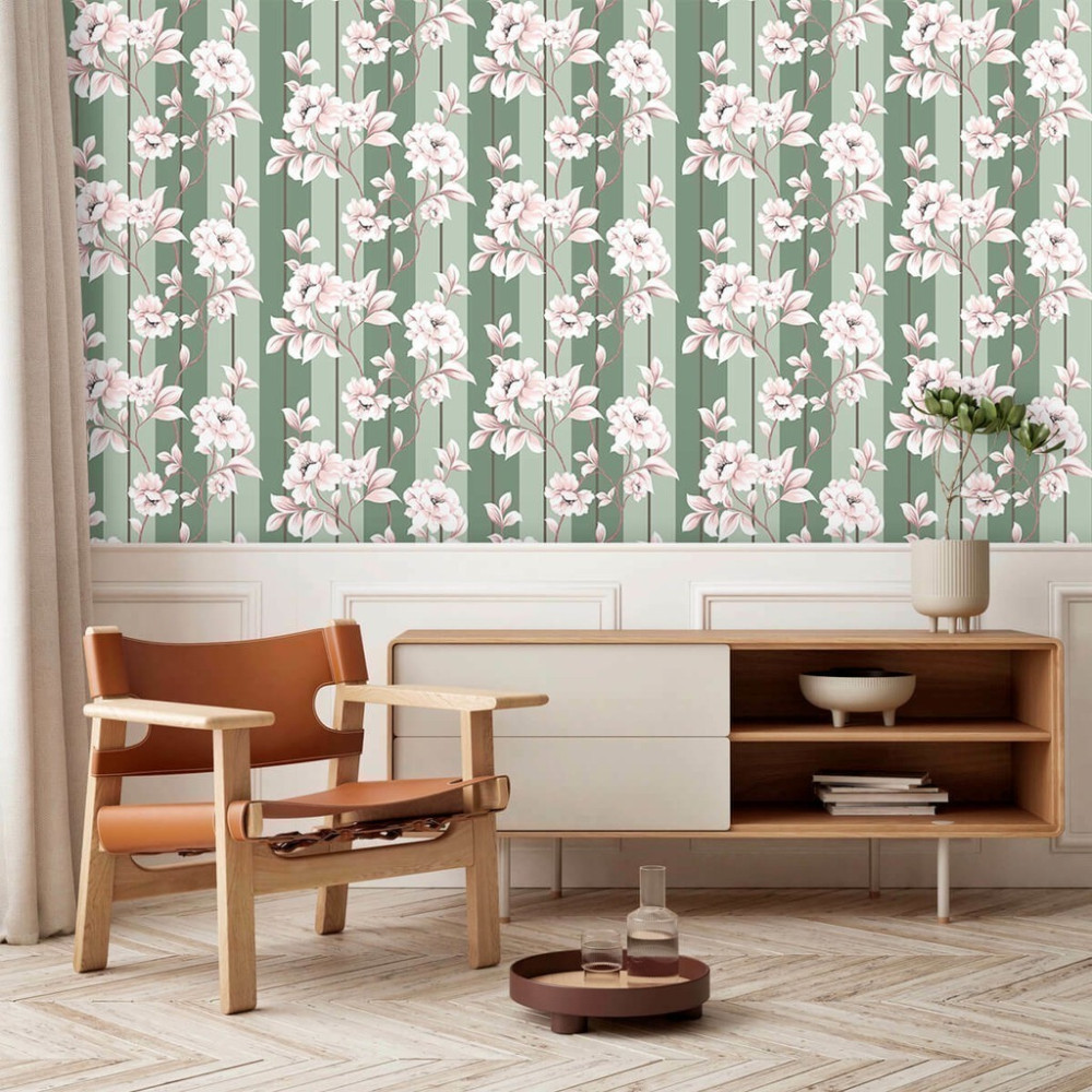 Papel de Parede Personalizado Listras Verdes com Rosas