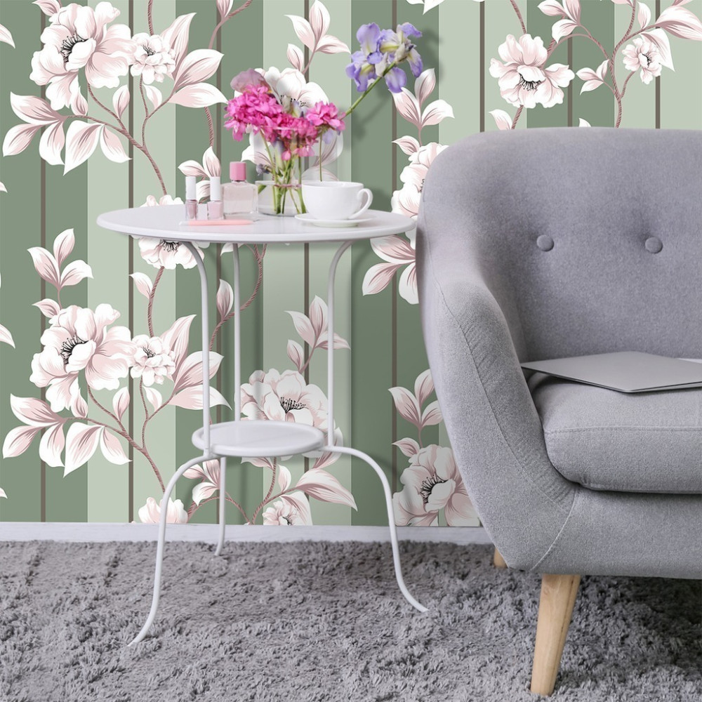 Papel de Parede Personalizado Listras Verdes com Rosas