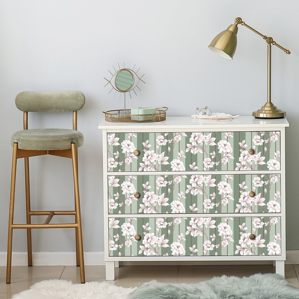 Papel de Parede Personalizado Listras Verdes com Rosas