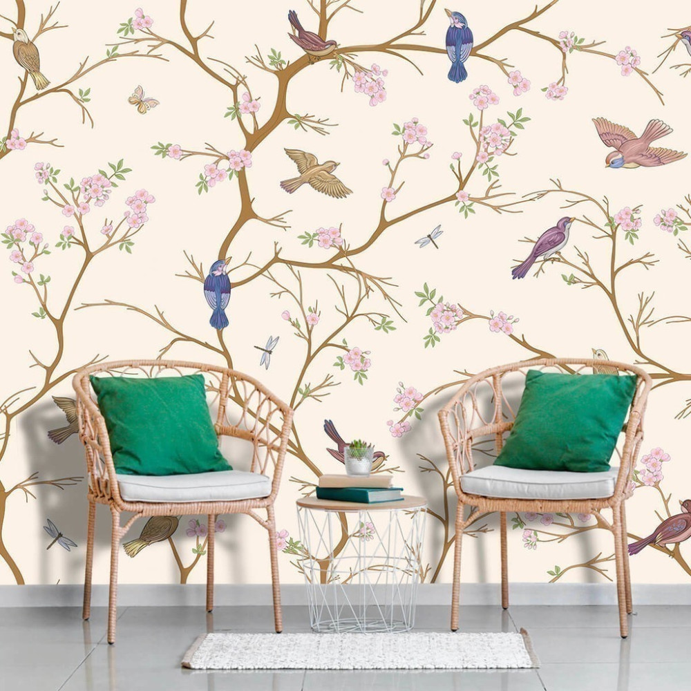 Papel de Parede Personalizado Pássaros Serenos em Tons Pastéis