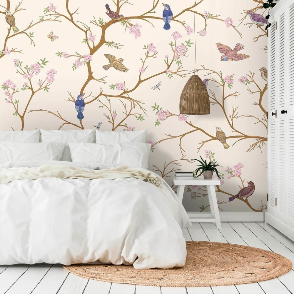 Papel de Parede Personalizado Pássaros Serenos em Tons Pastéis