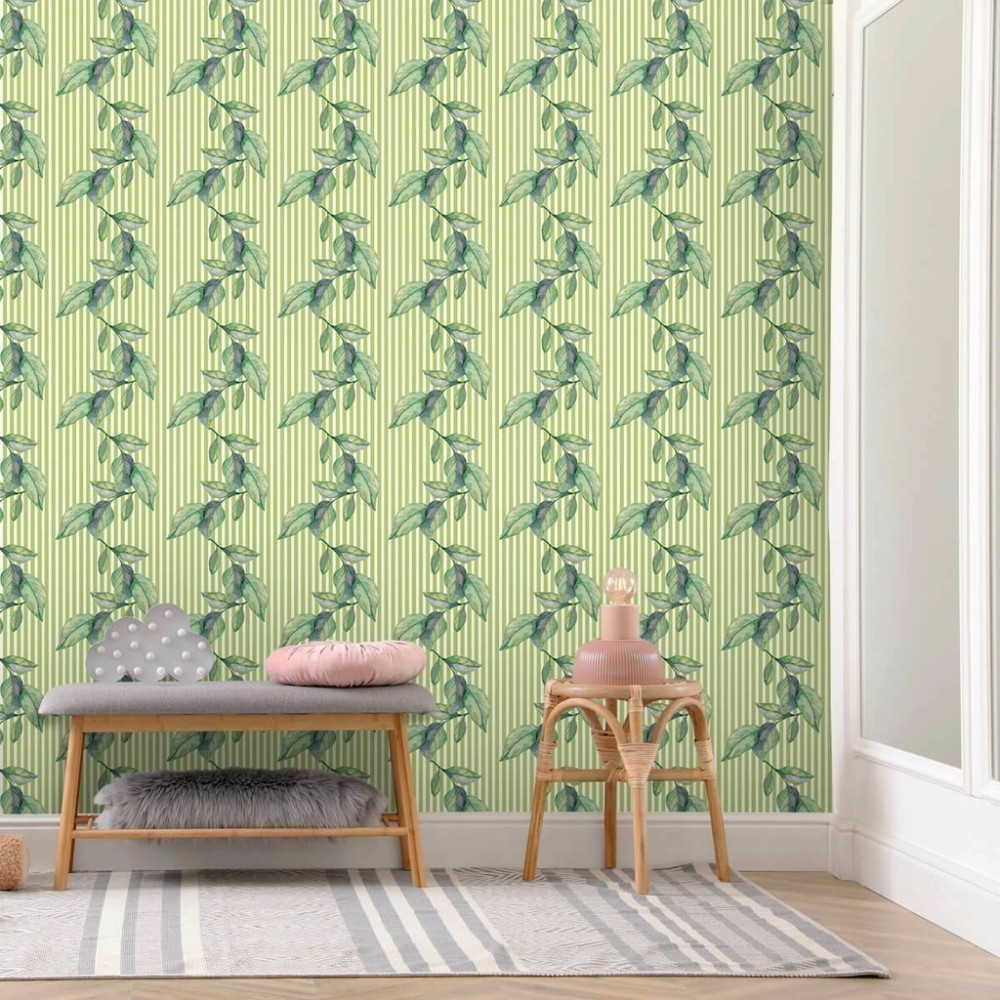 Papel de Parede Personalizado Linhas de Folhas Verde Papel de Parede Personalizado Linhas de Folhas Verde