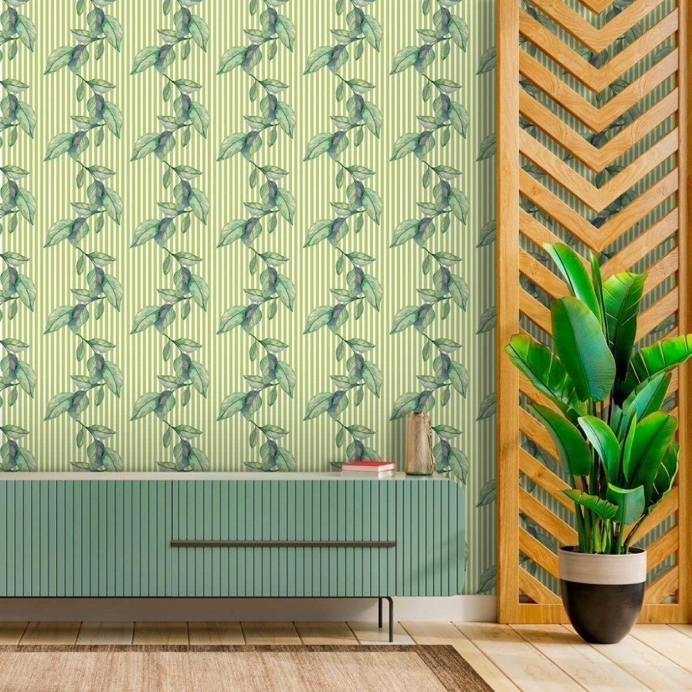 Papel de Parede Personalizado Linhas de Folhas Verde Papel de Parede Personalizado Linhas de Folhas Verde