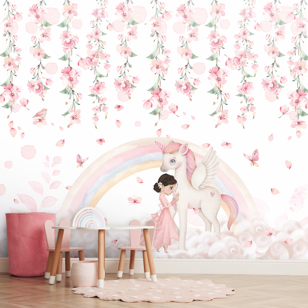 Papel de Parede Personalizado Floral Unicórnio Encantado