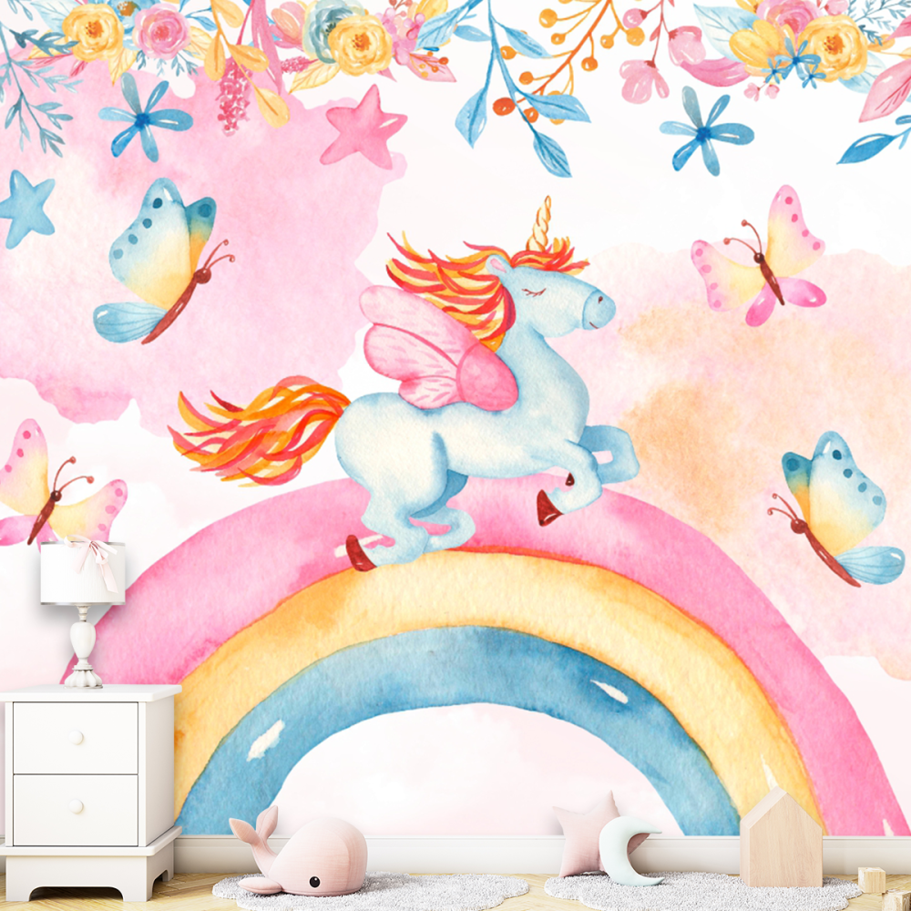 Papel De Parede Personalizado Unicórnio No Céu Colorido