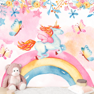 Papel De Parede Personalizado Unicórnio No Céu Colorido