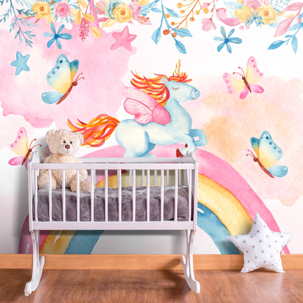 Papel De Parede Personalizado Unicórnio No Céu Colorido