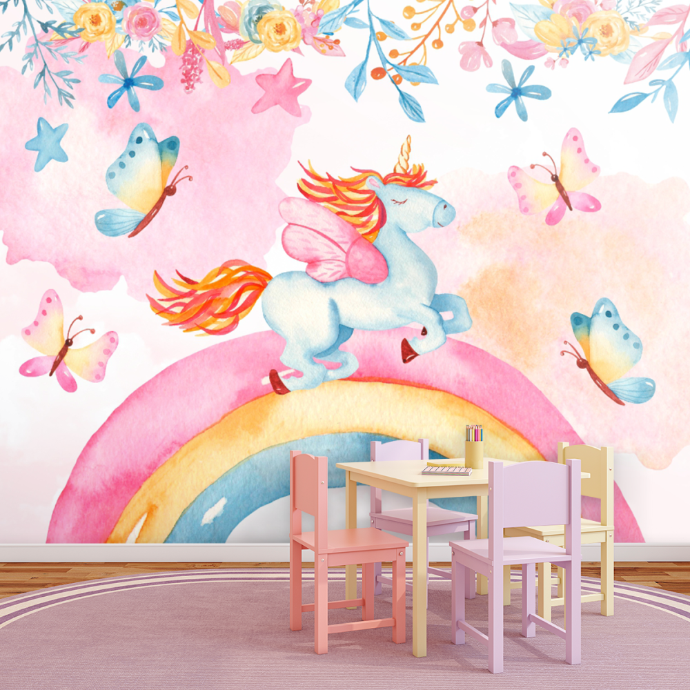 Papel De Parede Personalizado Unicórnio No Céu Colorido