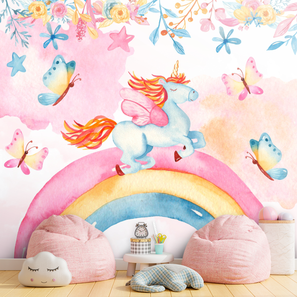 Papel De Parede Personalizado Unicórnio No Céu Colorido