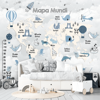 Papel De Parede Personalizado Mapa Mundi Azul E Branco Gelo
