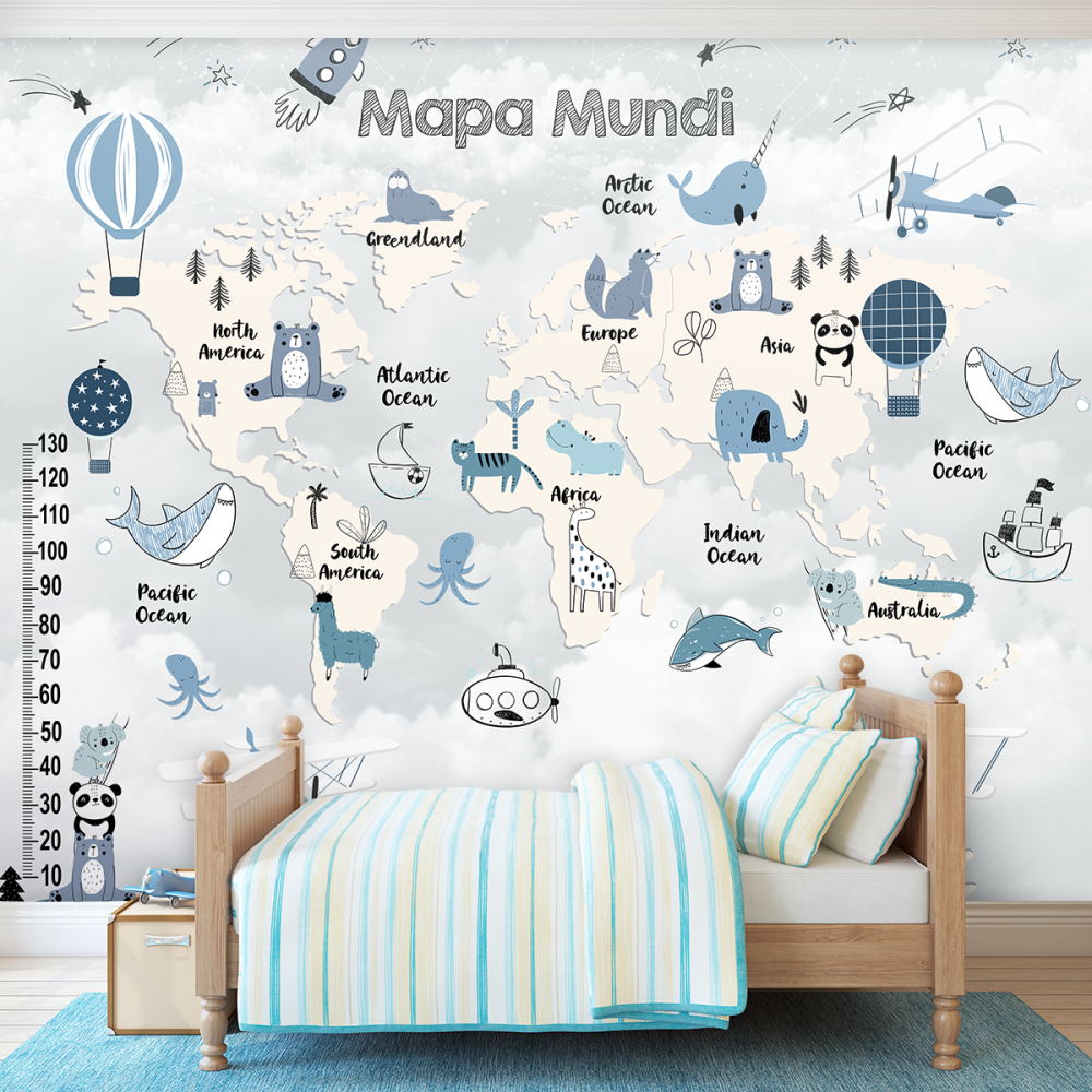 Papel De Parede Personalizado Mapa Mundi Azul E Branco Gelo