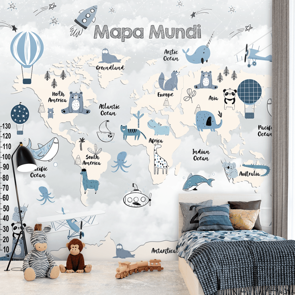 Papel De Parede Personalizado Mapa Mundi Azul E Branco Gelo