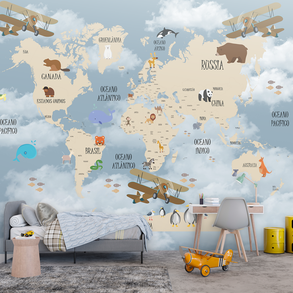 Papel De Parede Personalizado Mapa Mundi Bege