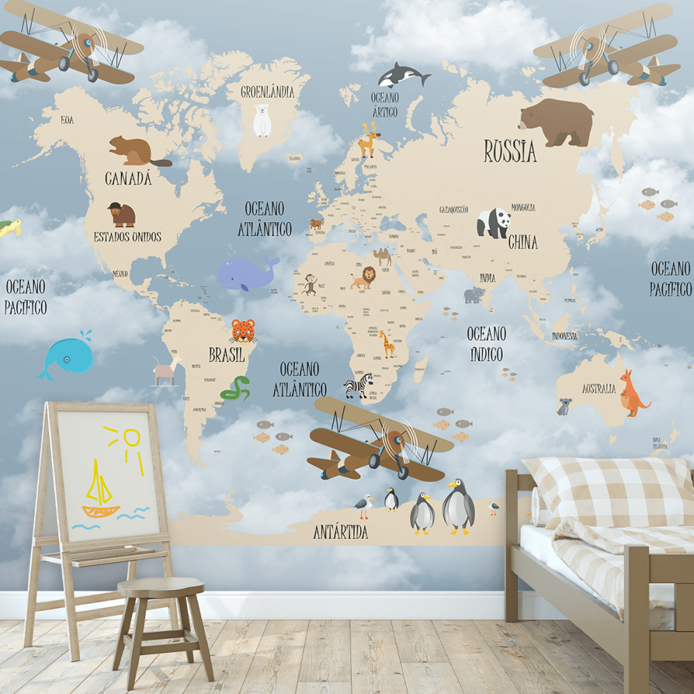 Papel De Parede Personalizado Mapa Mundi Bege