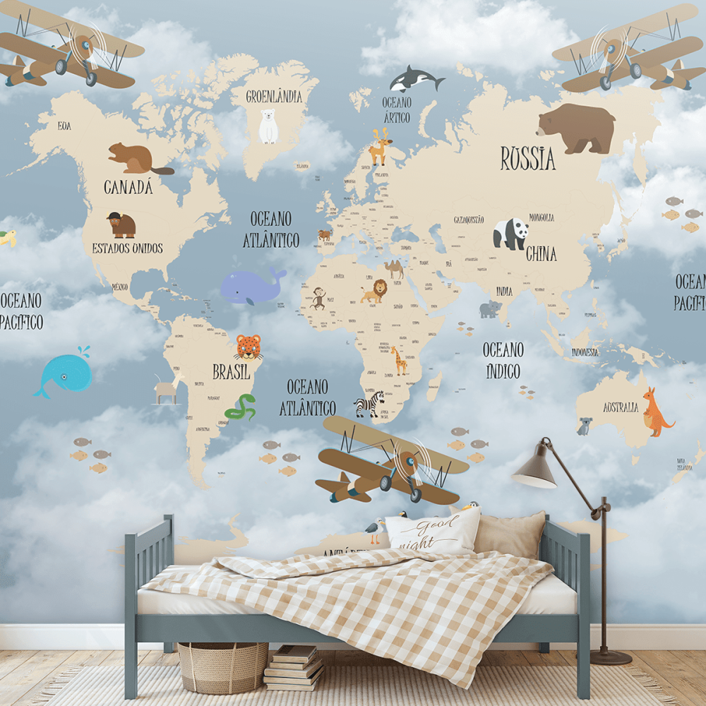 Papel De Parede Personalizado Mapa Mundi Bege