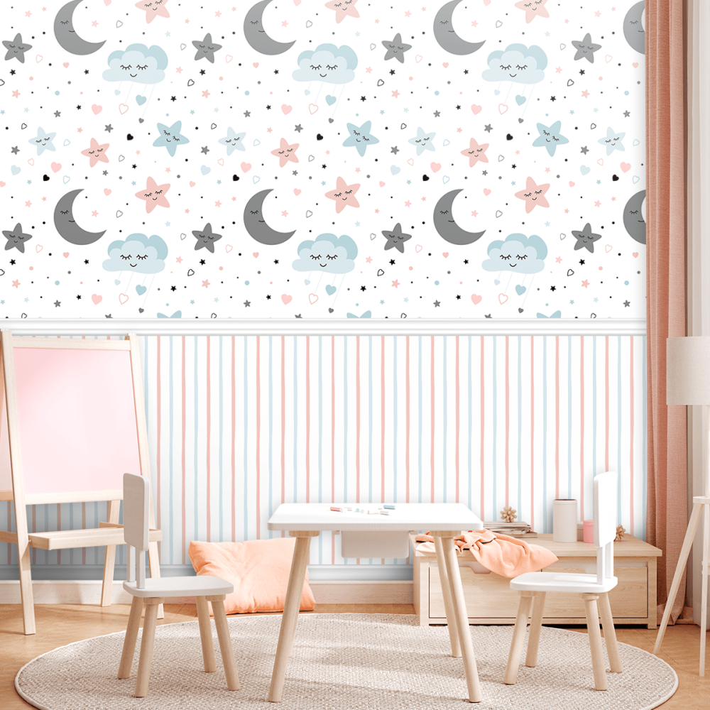 Papel De Parede Personalizado Lua, Nuvens E Estrelas Com Listras