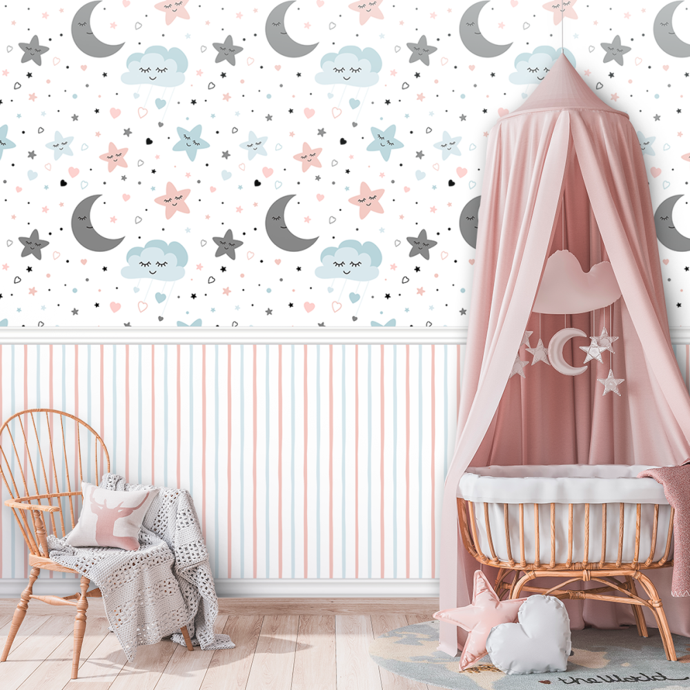 Papel De Parede Personalizado Lua, Nuvens E Estrelas Com Listras