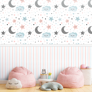 Papel De Parede Personalizado Lua, Nuvens E Estrelas Com Listras